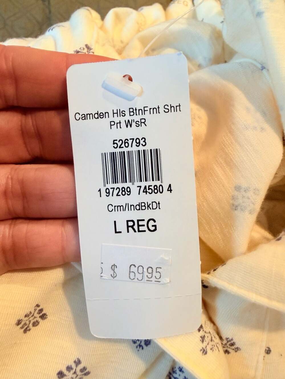 L.L.Bean Camden Hills Button Front Shirt Cream Indigo Print Size Large Regular - Picture 7 of 7